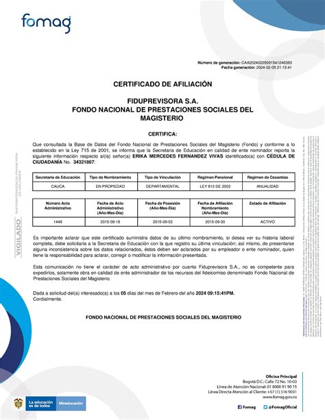 Generación certificados de afiliación individual